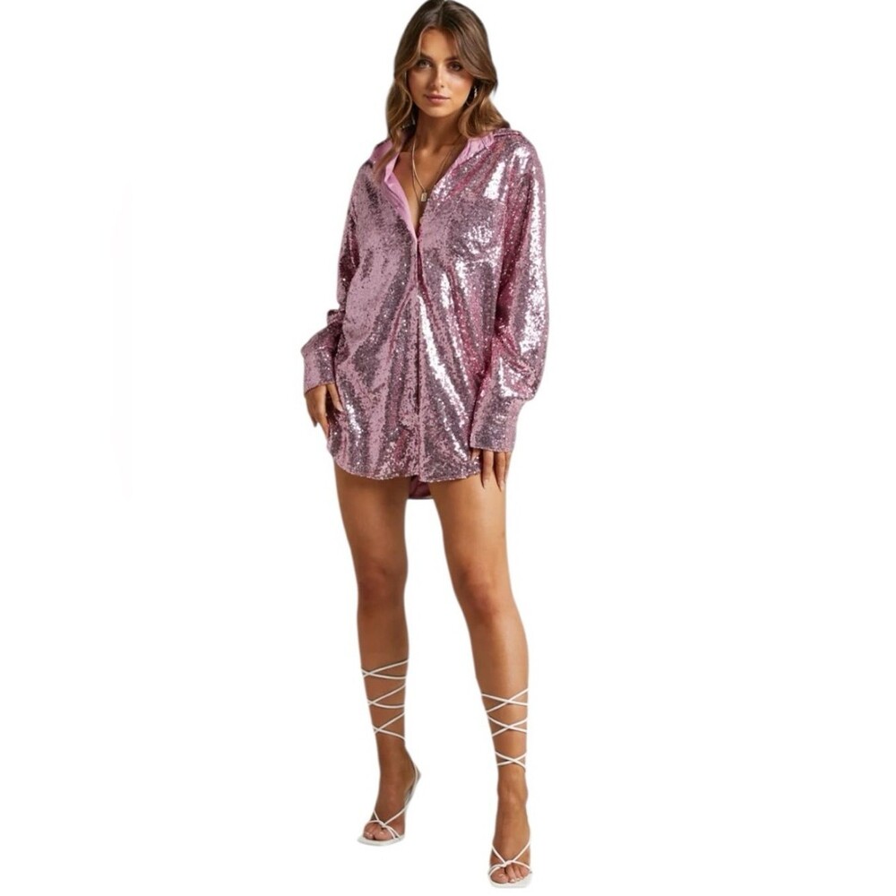 SHOWPO CALLY MINI DRESS OVERSIZED SHIRT DRESS IN LILAC SEQUIN